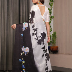 Ivory White & Black Satin Georgette Floral Printed Saree with Attached Blouse – Elegant Contrast Bloom Designer Drape