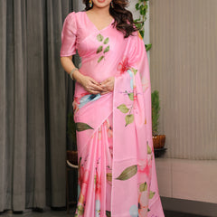 Blush Pink Satin Georgette Floral Printed Saree with Attached Blouse – Soft Pastel Bloom Designer Drape
