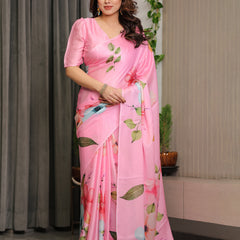 Blush Pink Satin Georgette Floral Printed Saree with Attached Blouse – Soft Pastel Bloom Designer Drape