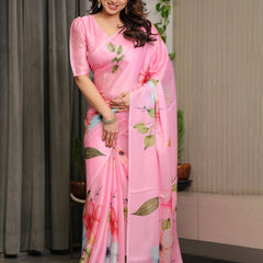 Blush Pink Satin Georgette Floral Printed Saree with Attached Blouse – Soft Pastel Bloom Designer Drape