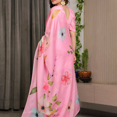 Blush Pink Satin Georgette Floral Printed Saree with Attached Blouse – Soft Pastel Bloom Designer Drape