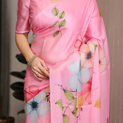 Blush Pink Satin Georgette Floral Printed Saree with Attached Blouse – Soft Pastel Bloom Designer Drape