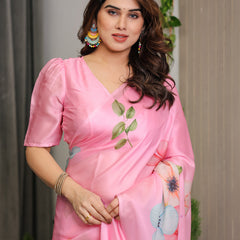 Blush Pink Satin Georgette Floral Printed Saree with Attached Blouse – Soft Pastel Bloom Designer Drape
