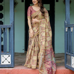 Cream & Maroon Handloom Cotton Saree with Deer Pallu and Blocked Peacock Motifs