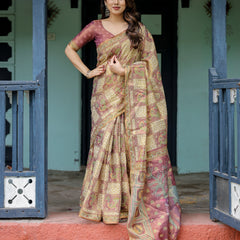 Cream & Maroon Handloom Cotton Saree with Deer Pallu and Blocked Peacock Motifs