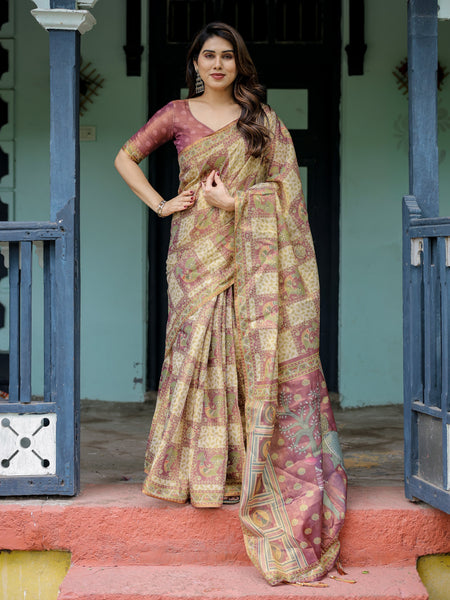 Cream & Maroon Handloom Cotton Saree with Deer Pallu and Blocked Peacock Motifs