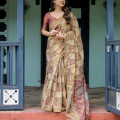 Cream & Maroon Handloom Cotton Saree with Deer Pallu and Blocked Peacock Motifs
