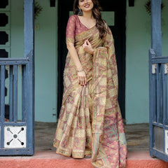Cream & Maroon Handloom Cotton Saree with Deer Pallu and Blocked Peacock Motifs