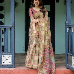Cream & Maroon Handloom Cotton Saree with Deer Pallu and Blocked Peacock Motifs
