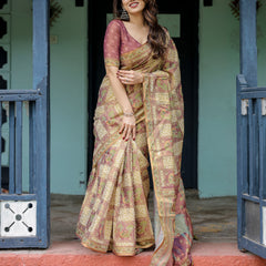 Cream & Maroon Handloom Cotton Saree with Deer Pallu and Blocked Peacock Motifs