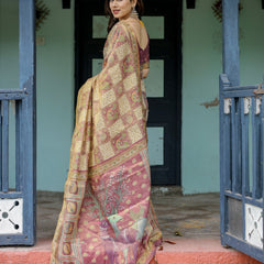 Cream & Maroon Handloom Cotton Saree with Deer Pallu and Blocked Peacock Motifs