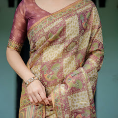 Cream & Maroon Handloom Cotton Saree with Deer Pallu and Blocked Peacock Motifs