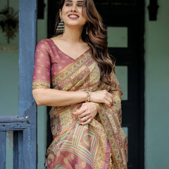 Cream & Maroon Handloom Cotton Saree with Deer Pallu and Blocked Peacock Motifs
