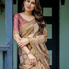 Cream & Maroon Handloom Cotton Saree with Deer Pallu and Blocked Peacock Motifs