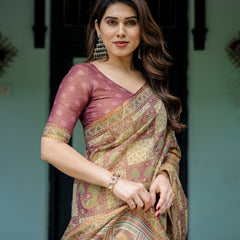 Cream & Maroon Handloom Cotton Saree with Deer Pallu and Blocked Peacock Motifs