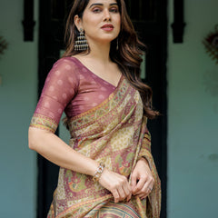 Cream & Maroon Handloom Cotton Saree with Deer Pallu and Blocked Peacock Motifs