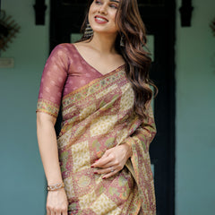 Cream & Maroon Handloom Cotton Saree with Deer Pallu and Blocked Peacock Motifs