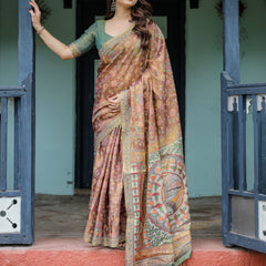 Rust Red Handloom Cotton Saree with Madhubani Fish Art & Floral Motifs – Contrast Blouse
