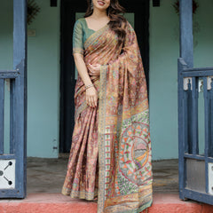 Rust Red Handloom Cotton Saree with Madhubani Fish Art & Floral Motifs – Contrast Blouse