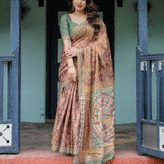 Rust Red Handloom Cotton Saree with Madhubani Fish Art & Floral Motifs – Contrast Blouse