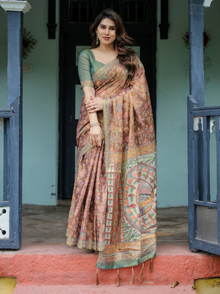 Rust Red Handloom Cotton Saree with Madhubani Fish Art & Floral Motifs – Contrast Blouse
