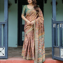 Rust Red Handloom Cotton Saree with Madhubani Fish Art & Floral Motifs – Contrast Blouse