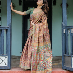 Rust Red Handloom Cotton Saree with Madhubani Fish Art & Floral Motifs – Contrast Blouse