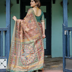 Rust Red Handloom Cotton Saree with Madhubani Fish Art & Floral Motifs – Contrast Blouse