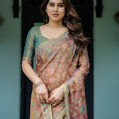 Rust Red Handloom Cotton Saree with Madhubani Fish Art & Floral Motifs – Contrast Blouse