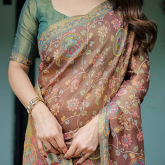 Rust Red Handloom Cotton Saree with Madhubani Fish Art & Floral Motifs – Contrast Blouse