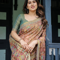 Rust Red Handloom Cotton Saree with Madhubani Fish Art & Floral Motifs – Contrast Blouse