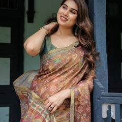 Rust Red Handloom Cotton Saree with Madhubani Fish Art & Floral Motifs – Contrast Blouse