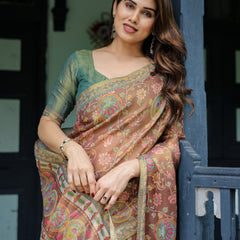 Rust Red Handloom Cotton Saree with Madhubani Fish Art & Floral Motifs – Contrast Blouse