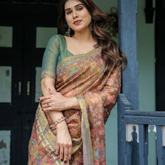 Rust Red Handloom Cotton Saree with Madhubani Fish Art & Floral Motifs – Contrast Blouse