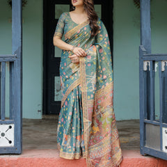 Divine Procession Teal Green Handloom Cotton Saree with Lotus Floral Print & Artistic Pallu