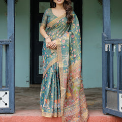 Divine Procession Teal Green Handloom Cotton Saree with Lotus Floral Print & Artistic Pallu