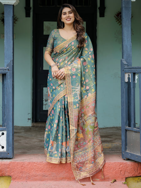 Divine Procession Teal Green Handloom Cotton Saree with Lotus Floral Print & Artistic Pallu