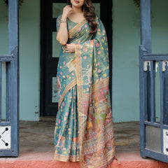 Divine Procession Teal Green Handloom Cotton Saree with Lotus Floral Print & Artistic Pallu
