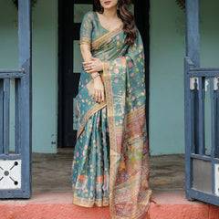 Divine Procession Teal Green Handloom Cotton Saree with Lotus Floral Print & Artistic Pallu