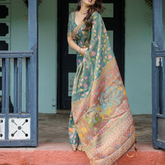 Divine Procession Teal Green Handloom Cotton Saree with Lotus Floral Print & Artistic Pallu