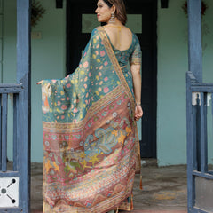 Divine Procession Teal Green Handloom Cotton Saree with Lotus Floral Print & Artistic Pallu