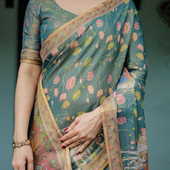 Divine Procession Teal Green Handloom Cotton Saree with Lotus Floral Print & Artistic Pallu