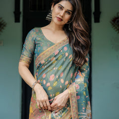 Divine Procession Teal Green Handloom Cotton Saree with Lotus Floral Print & Artistic Pallu