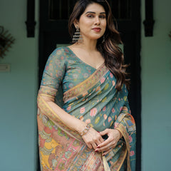 Divine Procession Teal Green Handloom Cotton Saree with Lotus Floral Print & Artistic Pallu