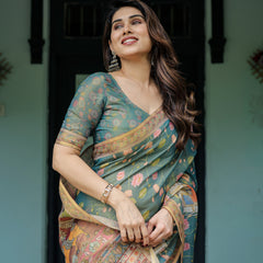 Divine Procession Teal Green Handloom Cotton Saree with Lotus Floral Print & Artistic Pallu