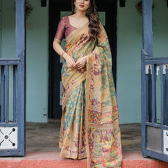 Sage Green & Maroon Handloom Cotton Saree with Mythical Tribal Art and Floral Motifs