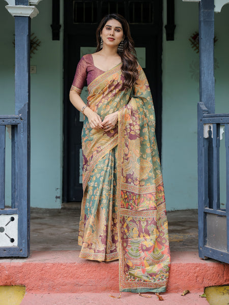 Sage Green & Maroon Handloom Cotton Saree with Mythical Tribal Art and Floral Motifs