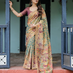 Sage Green & Maroon Handloom Cotton Saree with Mythical Tribal Art and Floral Motifs