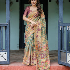 Sage Green & Maroon Handloom Cotton Saree with Mythical Tribal Art and Floral Motifs