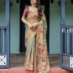 Sage Green & Maroon Handloom Cotton Saree with Mythical Tribal Art and Floral Motifs